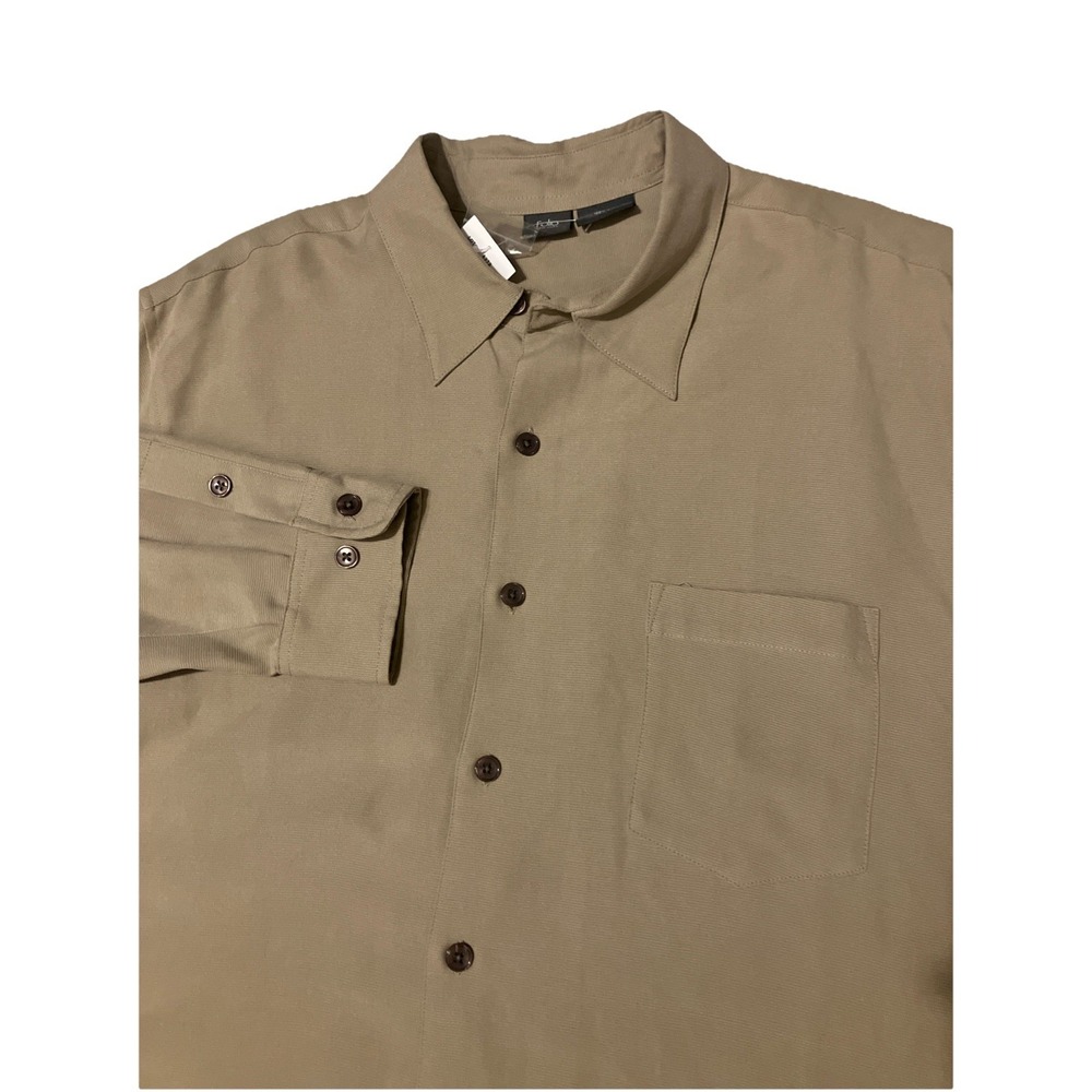 Folio New York‎ Silk L Long Sleeve Casual Button Shirt Khaki Beige NWT